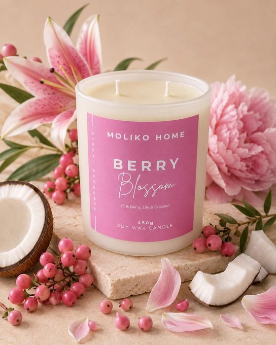 The Berry Blossom candle in its cream glass vessel with a pink label, beside a lily, a peony, pink berries and coconut.