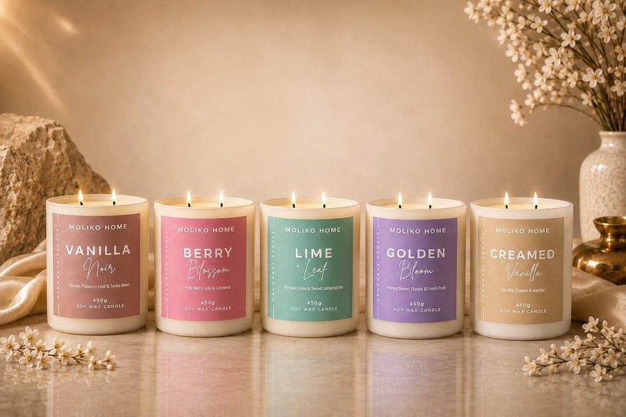 All five Moliko Home candles lit and lined up on a marble bench — Vanilla Noir, Berry Blossom, Lime & Leaf, Golden Bloom and Creamed Vanilla — beside blossom stems and a brass vase.